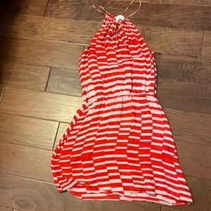 Striped high neck silk dress.